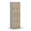 Holzspind S4 mit Ablagefächern, 4 Fächer, zerlegt, mechanisches Codeschloss, grau/Eiche natur Holzspind S4 mit Ablagefächern, 4 Fächer, zerlegt, mechanisches Codeschloss, grau/Eiche natur
