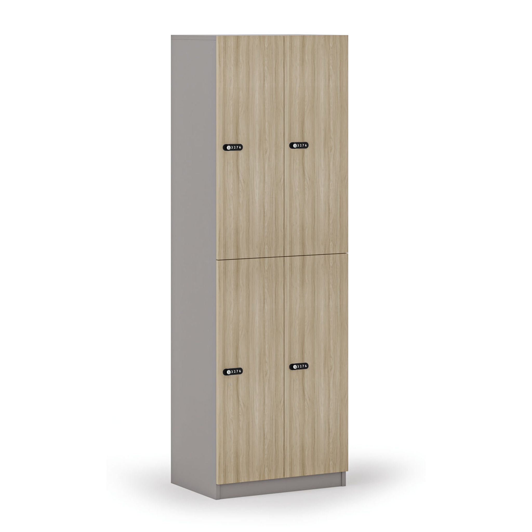 Holzspind S4 mit Ablagefächern, 4 Fächer, zerlegt, mechanisches Codeschloss, grau/Eiche natur
