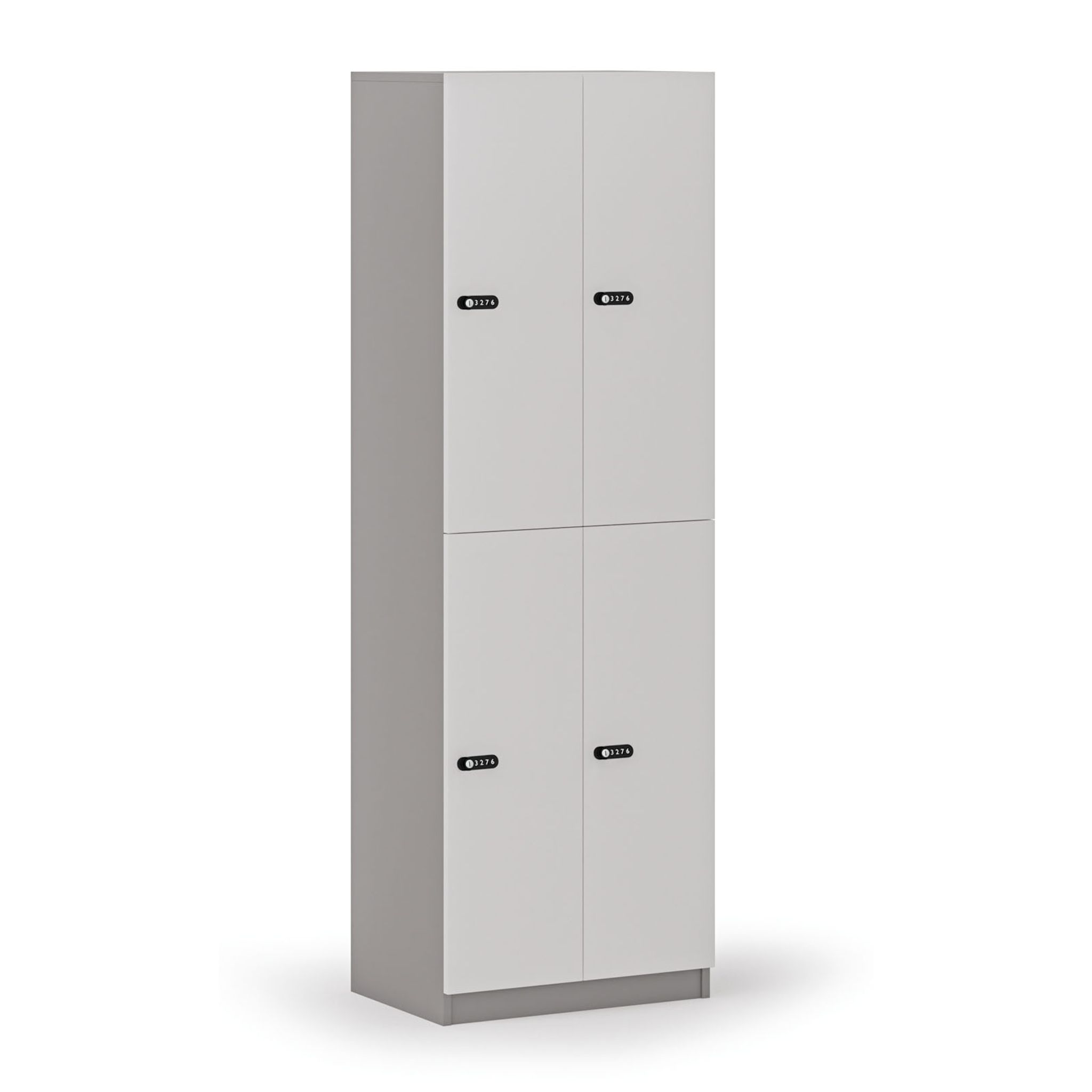 Holzspind S4 mit Ablagefächern, 4 Fächer, zerlegt, mechanisches Codeschloss, grau/weiß