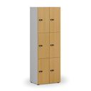 Holzspind S4 mit Ablagefächern, 6 Fächer, zerlegt, mechanisches Codeschloss, grau/Buche