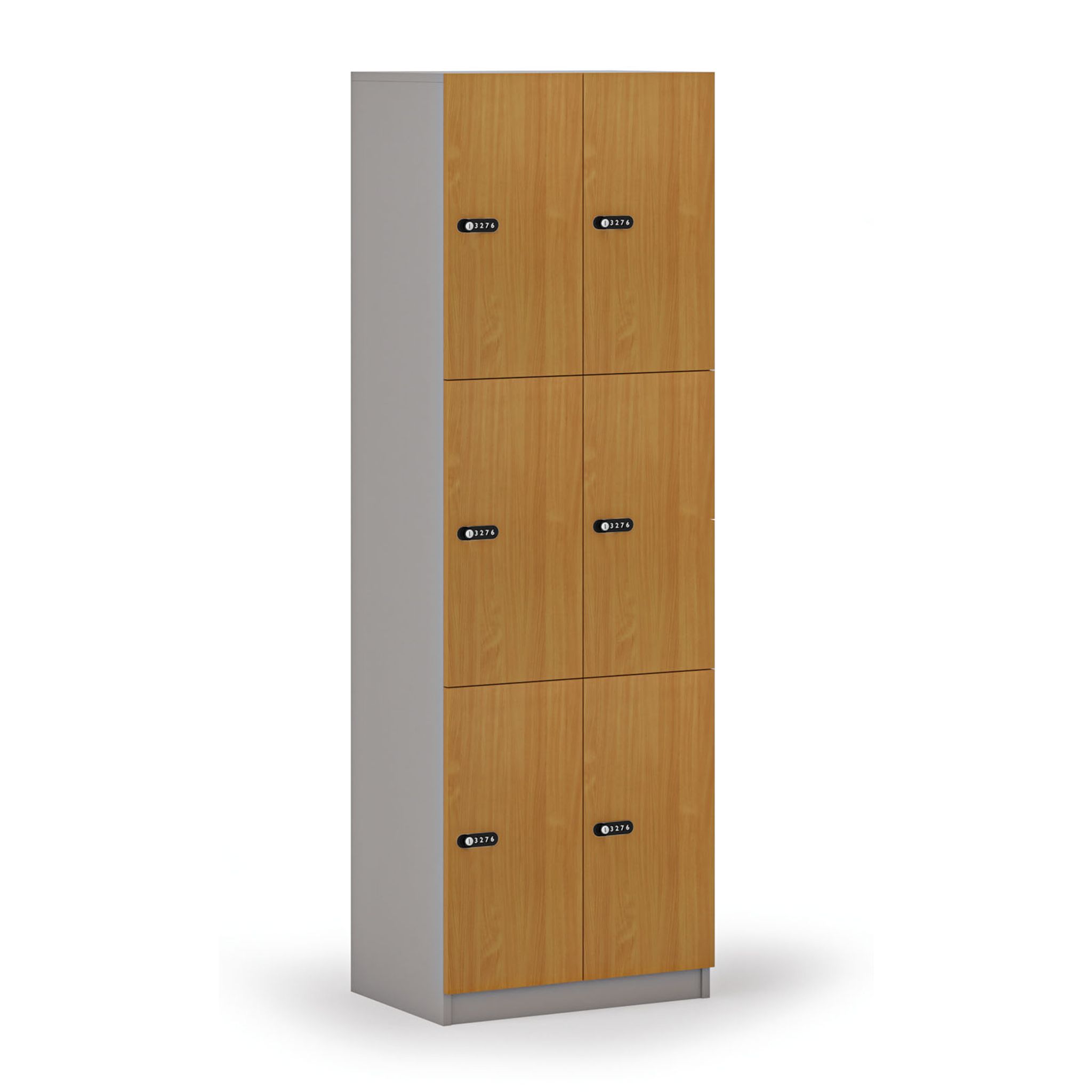 Holzspind S4 mit Ablagefächern, 6 Fächer, zerlegt, mechanisches Codeschloss, grau/Buche Holzspind S4 mit Ablagefächern, 6 Fächer, zerlegt, mechanisches Codeschloss, grau/Buche