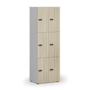Holzspind S4 mit Ablagefächern, 6 Fächer, zerlegt, mechanisches Codeschloss, grau/Eiche natur