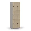 Holzspind S4 mit Ablagefächern, 6 Fächer, zerlegt, mechanisches Codeschloss, grau/Eiche natur Holzspind S4 mit Ablagefächern, 6 Fächer, zerlegt, mechanisches Codeschloss, grau/Eiche natur