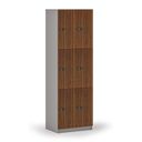Holzspind S4 mit Ablagefächern, 6 Fächer, zerlegt, mechanisches Codeschloss, grau/Nussbaum Holzspind S4 mit Ablagefächern, 6 Fächer, zerlegt, mechanisches Codeschloss, grau/Nussbaum