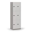 Holzspind S4 mit Ablagefächern, 6 Fächer, zerlegt, mechanisches Codeschloss, grau/weiß Holzspind S4 mit Ablagefächern, 6 Fächer, zerlegt, mechanisches Codeschloss, grau/weiß