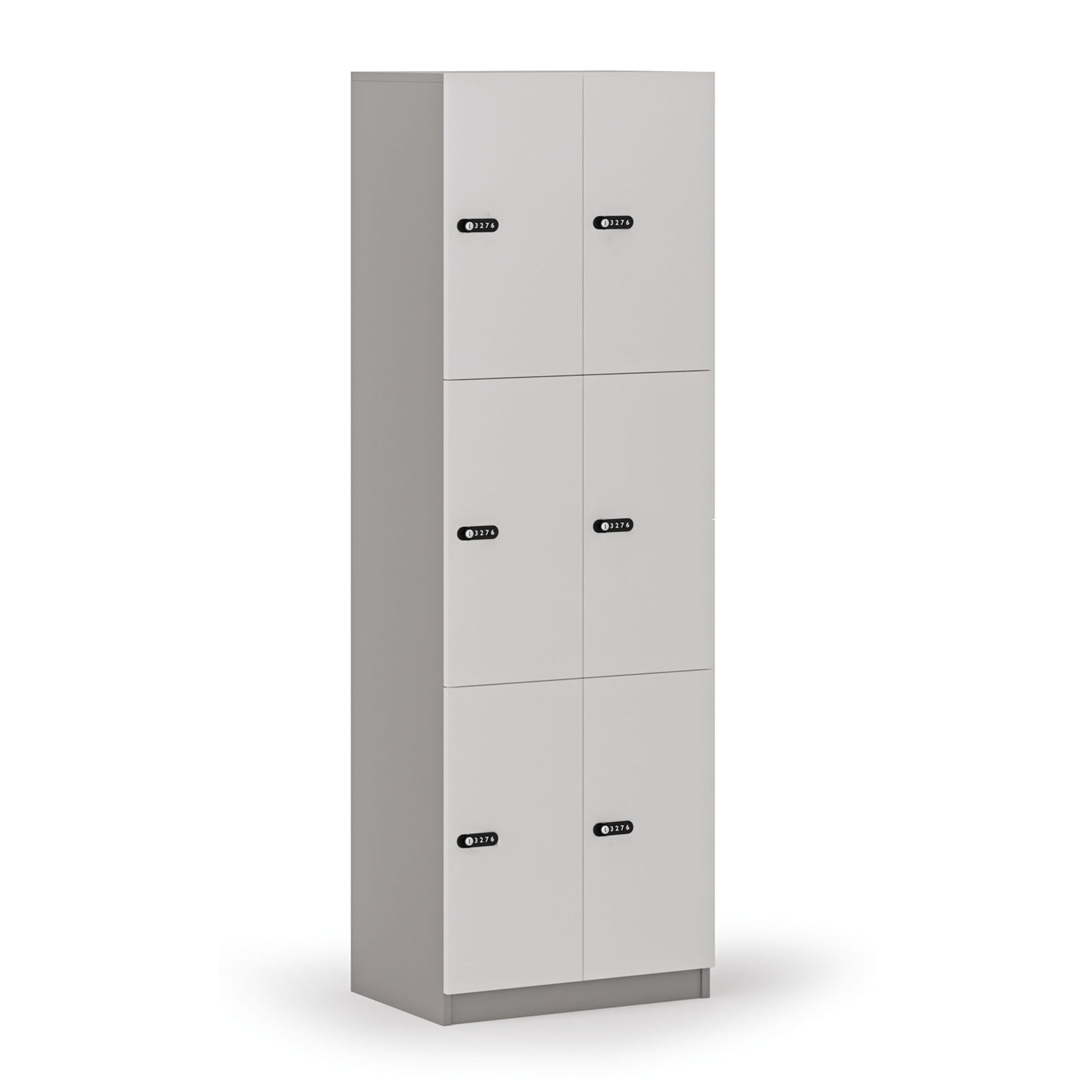 Holzspind S4 mit Ablagefächern, 6 Fächer, zerlegt, mechanisches Codeschloss, grau/weiß Holzspind S4 mit Ablagefächern, 6 Fächer, zerlegt, mechanisches Codeschloss, grau/weiß