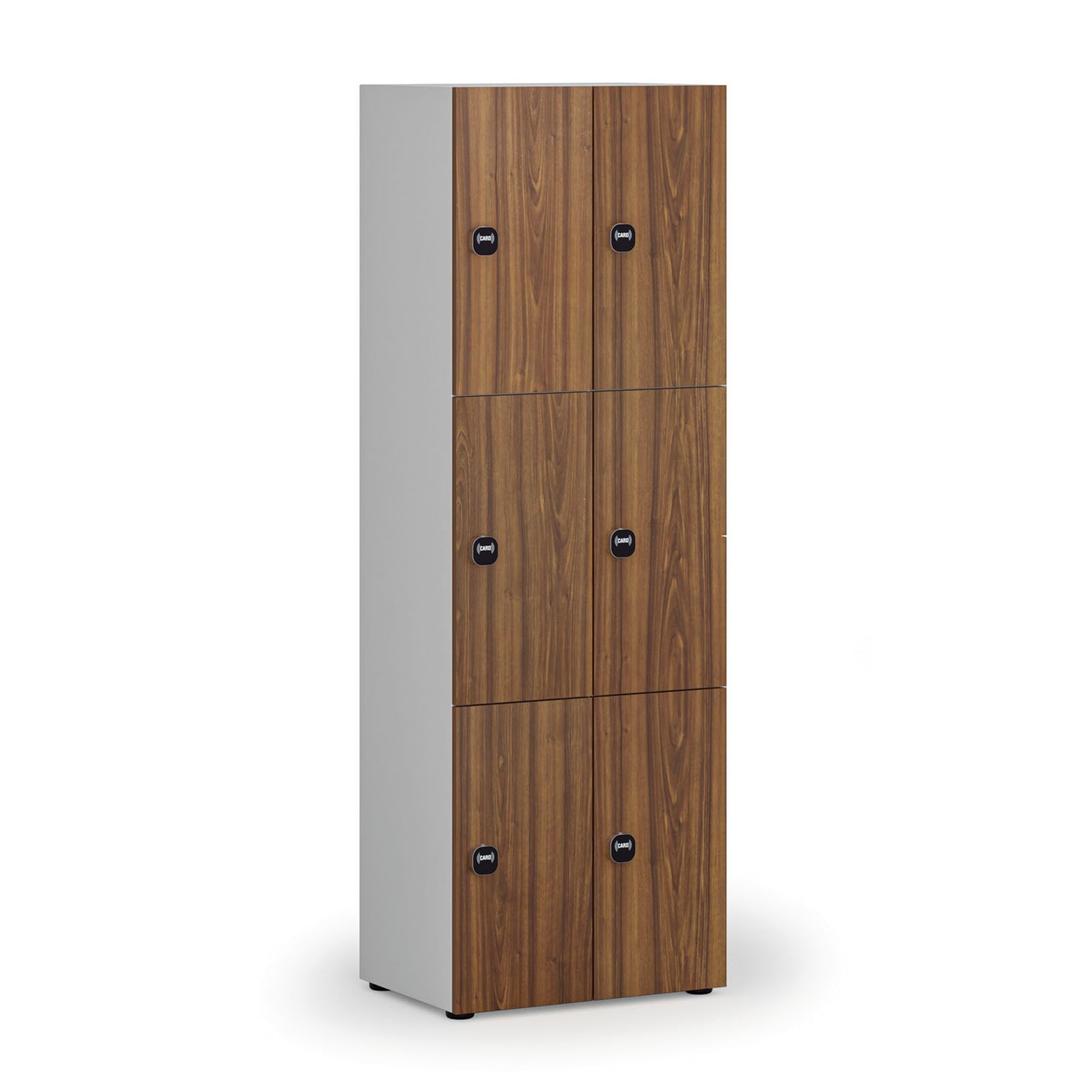 Holzspind S4 mit Ablagefächern, 6 Fächer, zerlegt, RFID-Schloss, grau/Nussbaum