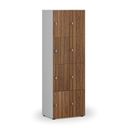 Holzspind S4 mit Ablagefächern, 8 Fächer, zerlegt, Drehriegelschloss, grau/Nussbaum