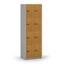 Holzspind S4 mit Ablagefächern, 8 Fächer, zerlegt, mechanisches Codeschloss, grau/Buche Holzspind S4 mit Ablagefächern, 8 Fächer, zerlegt, mechanisches Codeschloss, grau/Buche