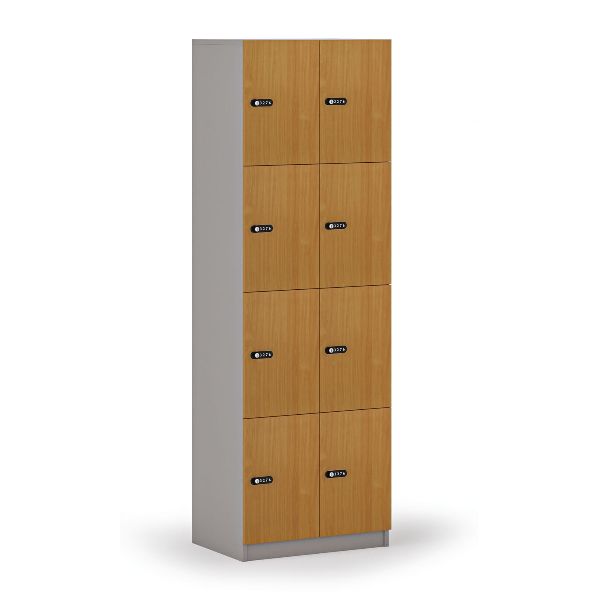 Holzspind S4 mit Ablagefächern, 8 Fächer, zerlegt, mechanisches Codeschloss, grau/Buche Holzspind S4 mit Ablagefächern, 8 Fächer, zerlegt, mechanisches Codeschloss, grau/Buche