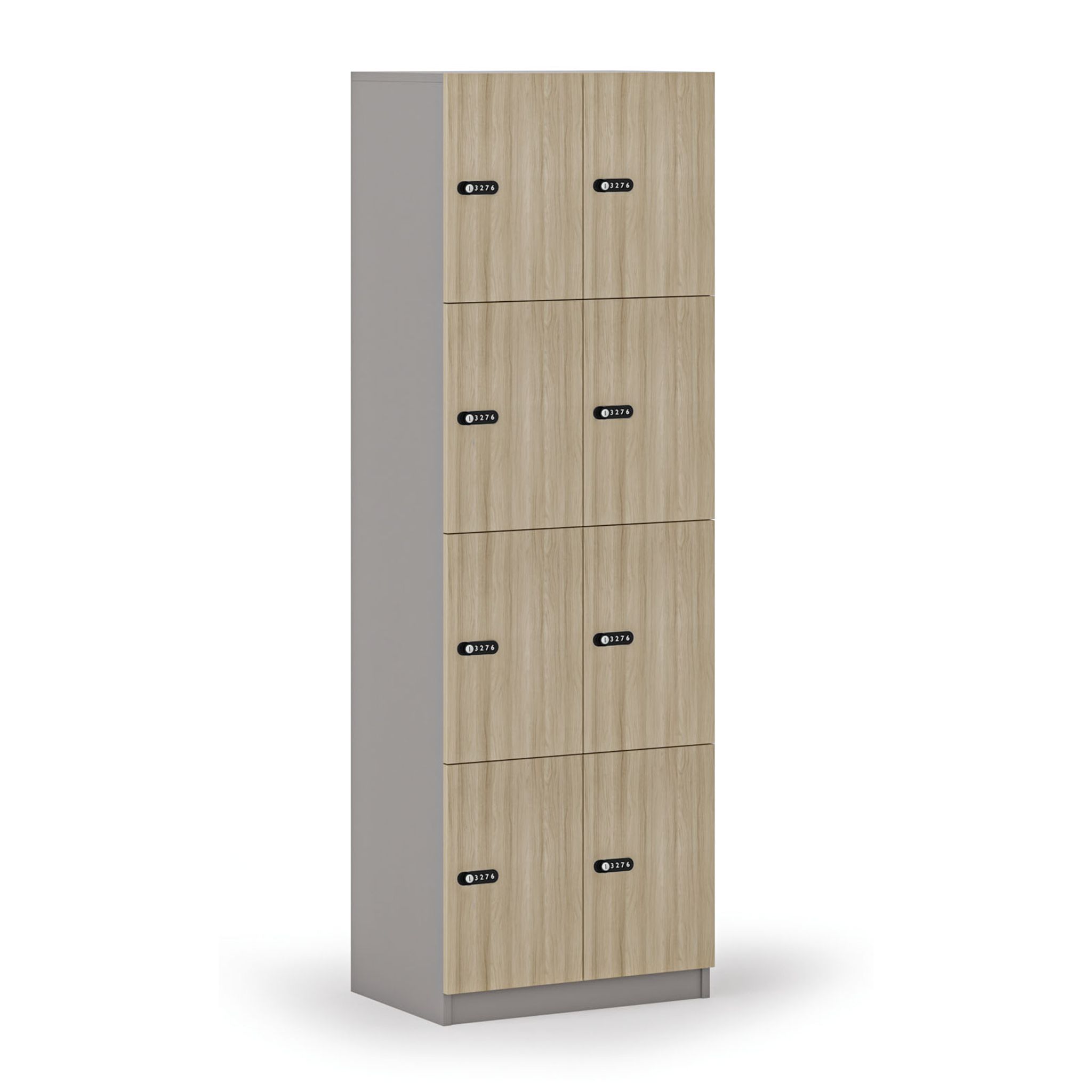 Holzspind S4 mit Ablagefächern, 8 Fächer, zerlegt, mechanisches Codeschloss, grau/Eiche natur Holzspind S4 mit Ablagefächern, 8 Fächer, zerlegt, mechanisches Codeschloss, grau/Eiche natur