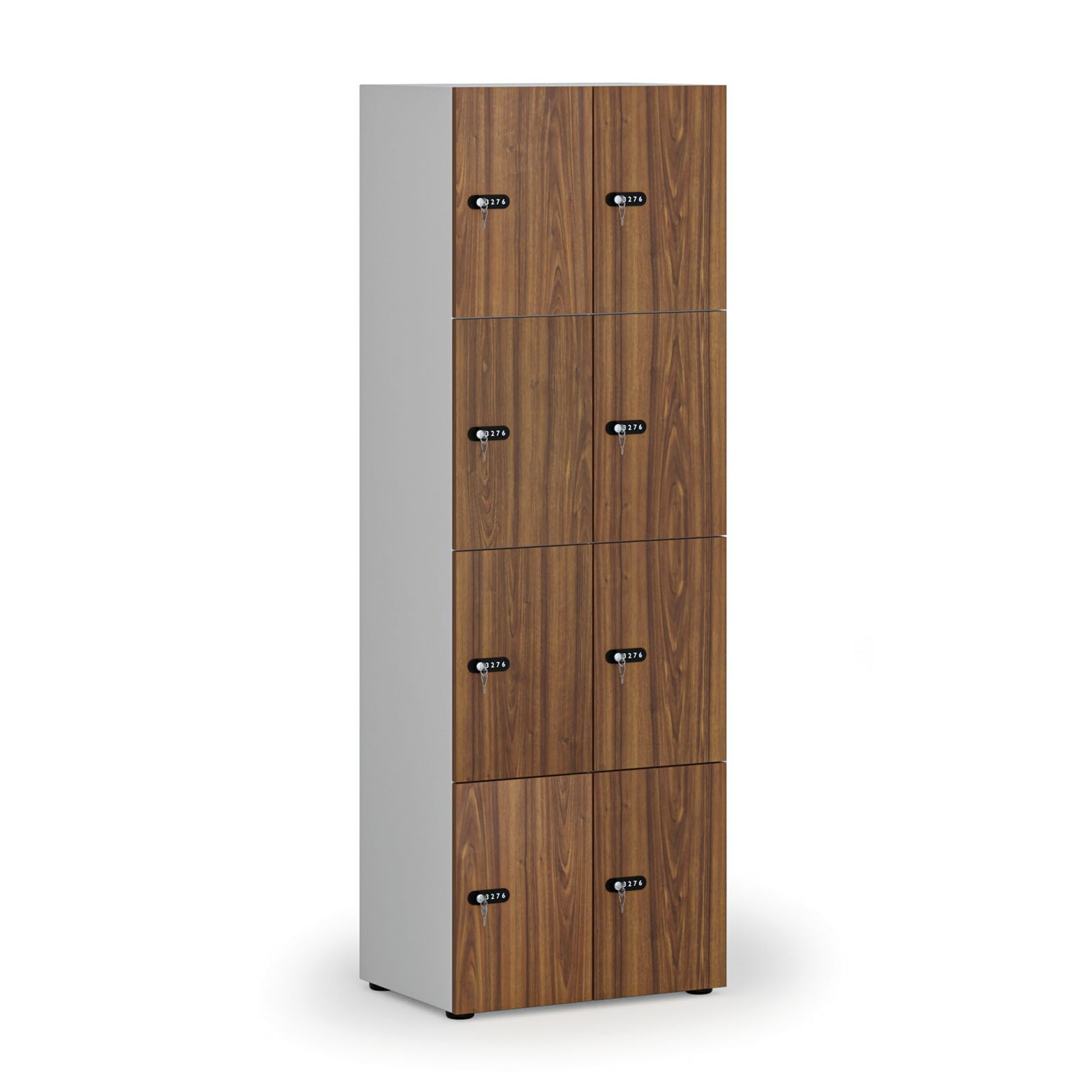 Holzspind S4 mit Ablagefächern, 8 Fächer, zerlegt, mechanisches Codeschloss, grau/Nussbaum