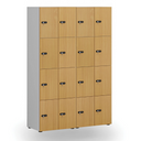 Holzspind S4 mit Ablagefächern, 8 Fächer, zerlegt, mechanisches Codeschloss, grau/Nussbaum