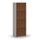 Holzspind S4 mit Ablagefächern, 8 Fächer, zerlegt, mechanisches Codeschloss, grau/Nussbaum Holzspind S4 mit Ablagefächern, 8 Fächer, zerlegt, mechanisches Codeschloss, grau/Nussbaum