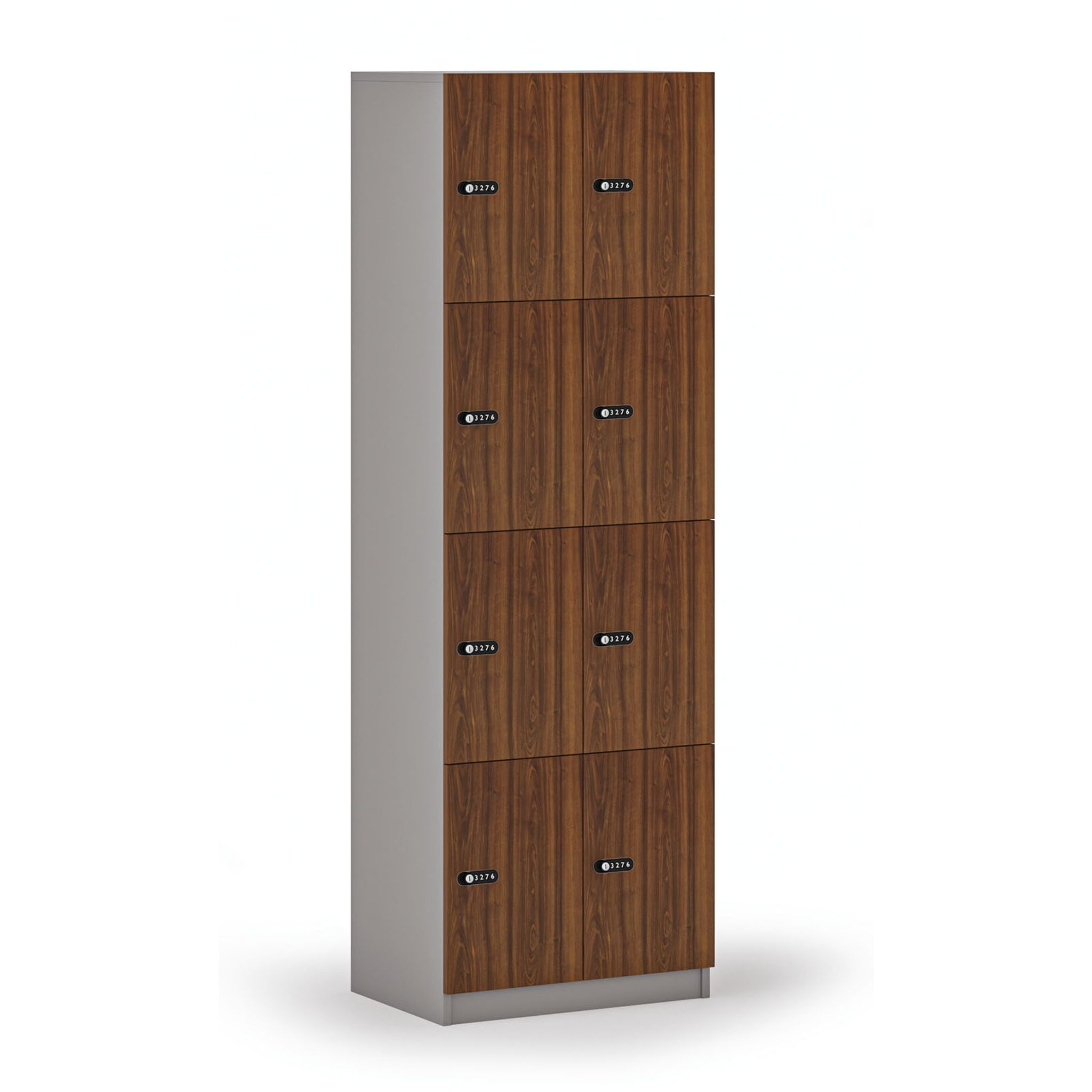 Holzspind S4 mit Ablagefächern, 8 Fächer, zerlegt, mechanisches Codeschloss, grau/Nussbaum Holzspind S4 mit Ablagefächern, 8 Fächer, zerlegt, mechanisches Codeschloss, grau/Nussbaum