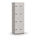 Holzspind S4 mit Ablagefächern, 8 Fächer, zerlegt, mechanisches Codeschloss, grau/weiß Holzspind S4 mit Ablagefächern, 8 Fächer, zerlegt, mechanisches Codeschloss, grau/weiß