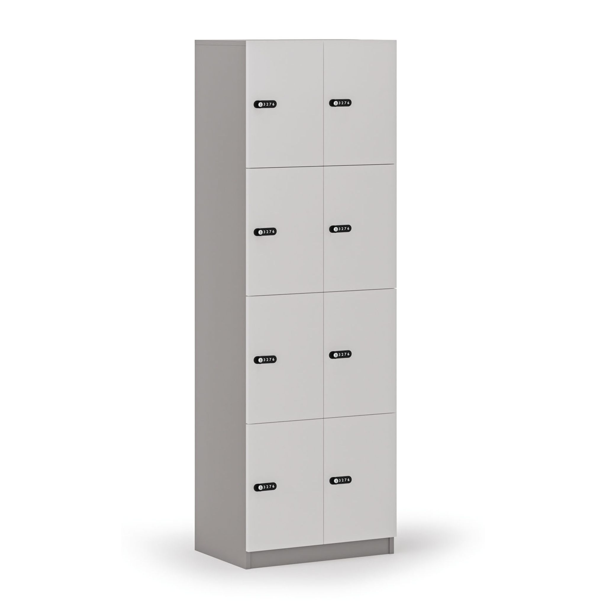 Holzspind S4 mit Ablagefächern, 8 Fächer, zerlegt, mechanisches Codeschloss, grau/weiß Holzspind S4 mit Ablagefächern, 8 Fächer, zerlegt, mechanisches Codeschloss, grau/weiß