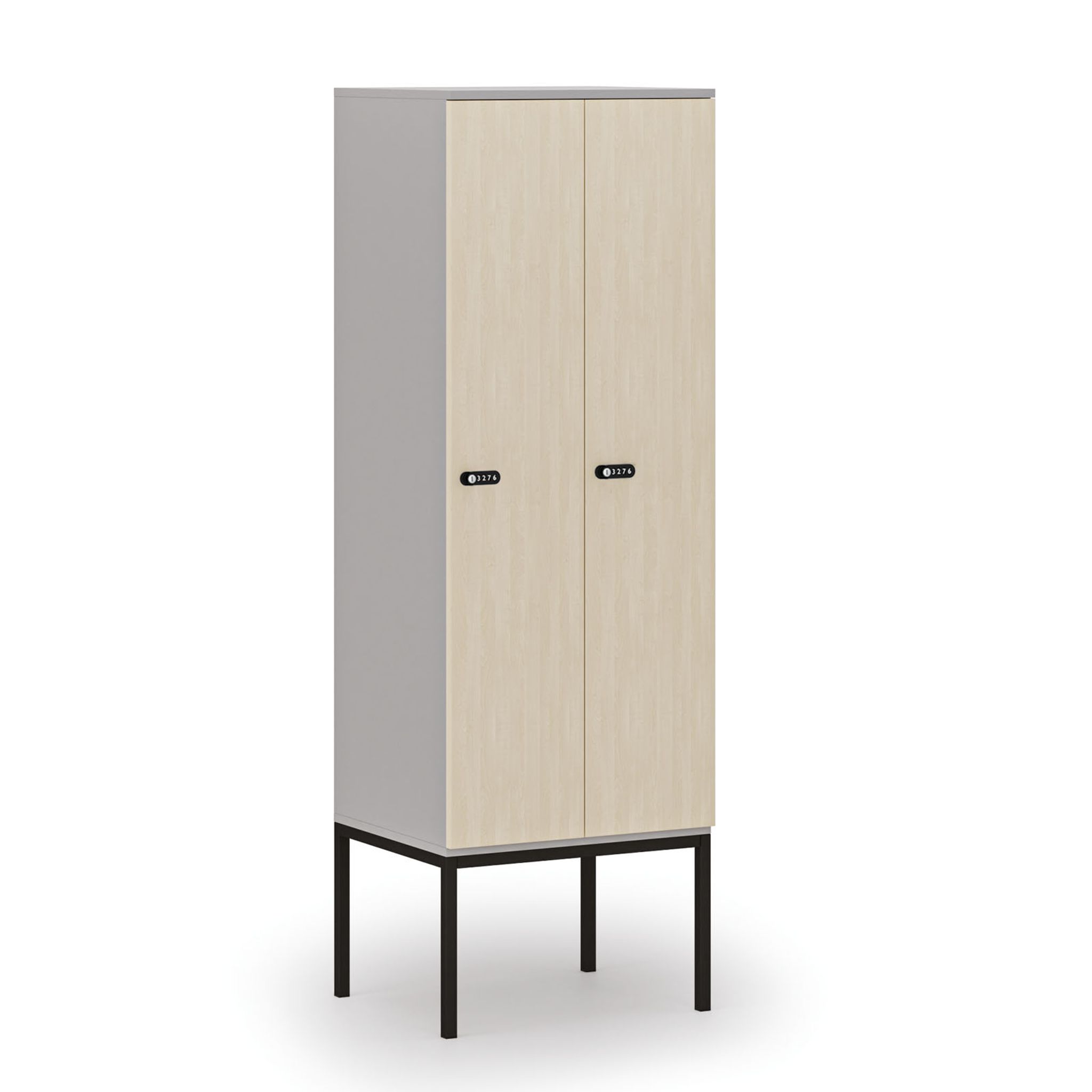 Holzspind S4 mit Beinen, 2 Abteile, 1871 x 600 x 500 mm, zerlegt, mechanisches Codeschloss Holzspind S4 mit Beinen, 2 Abteile, 1871 x 600 x 500 mm, zerlegt, mechanisches Codeschloss