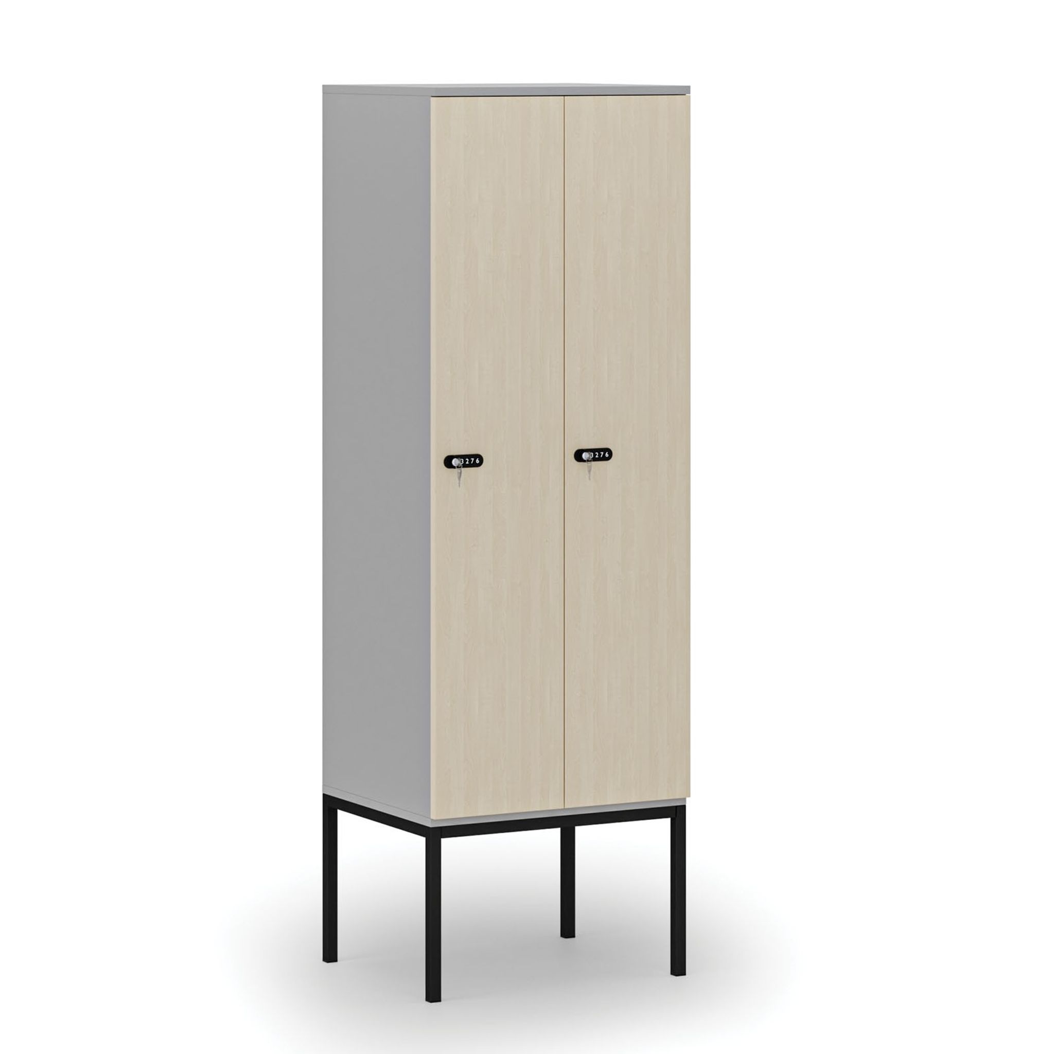 Holzspind S4 mit Beinen, 2 Abteile, 1871 x 600 x 500 mm, zerlegt, mechanisches Codeschloss