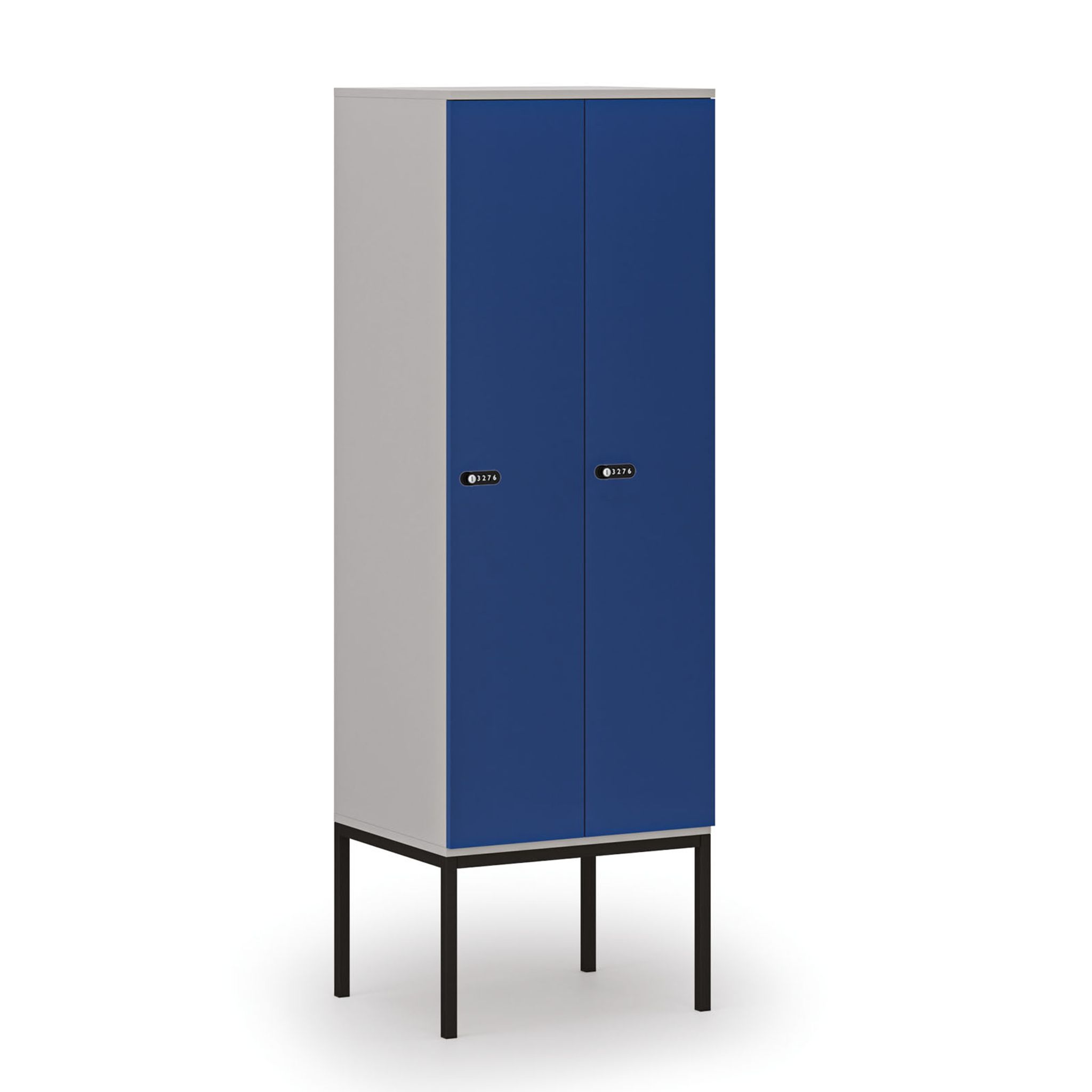 Holzspind S4 mit Beinen, 2 Abteile, 1871 x 600 x 500 mm, zerlegt, mechanisches Codeschloss, grau/blau Holzspind S4 mit Beinen, 2 Abteile, 1871 x 600 x 500 mm, zerlegt, mechanisches Codeschloss, grau/blau