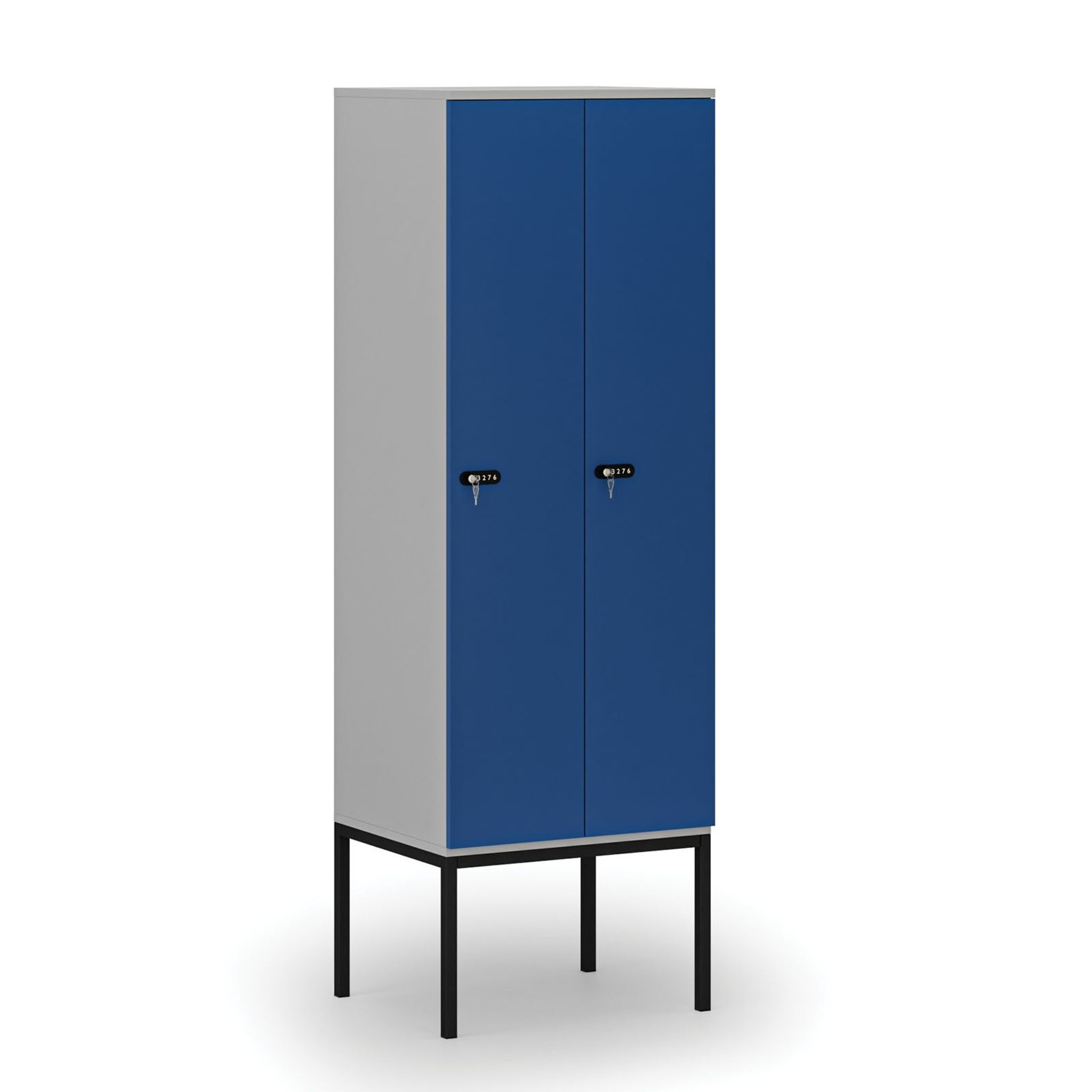 Holzspind S4 mit Beinen, 2 Abteile, 1871 x 600 x 500 mm, zerlegt, mechanisches Codeschloss, grau/blau