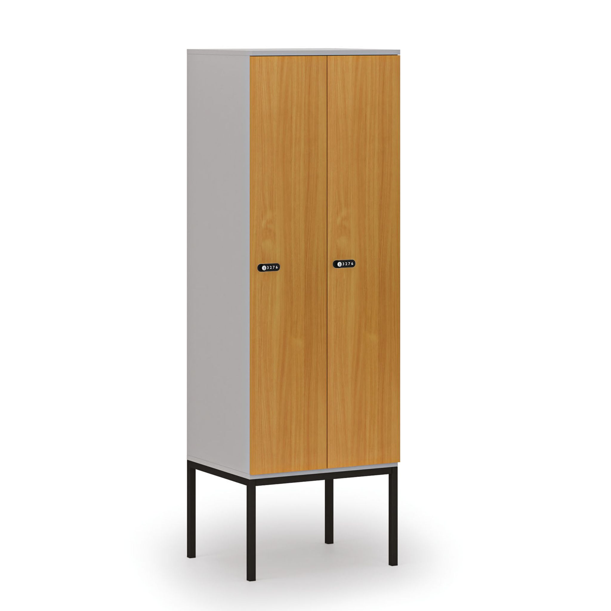 Holzspind S4 mit Beinen, 2 Abteile, 1871 x 600 x 500 mm, zerlegt, mechanisches Codeschloss, grau/Buche Holzspind S4 mit Beinen, 2 Abteile, 1871 x 600 x 500 mm, zerlegt, mechanisches Codeschloss, grau/Buche