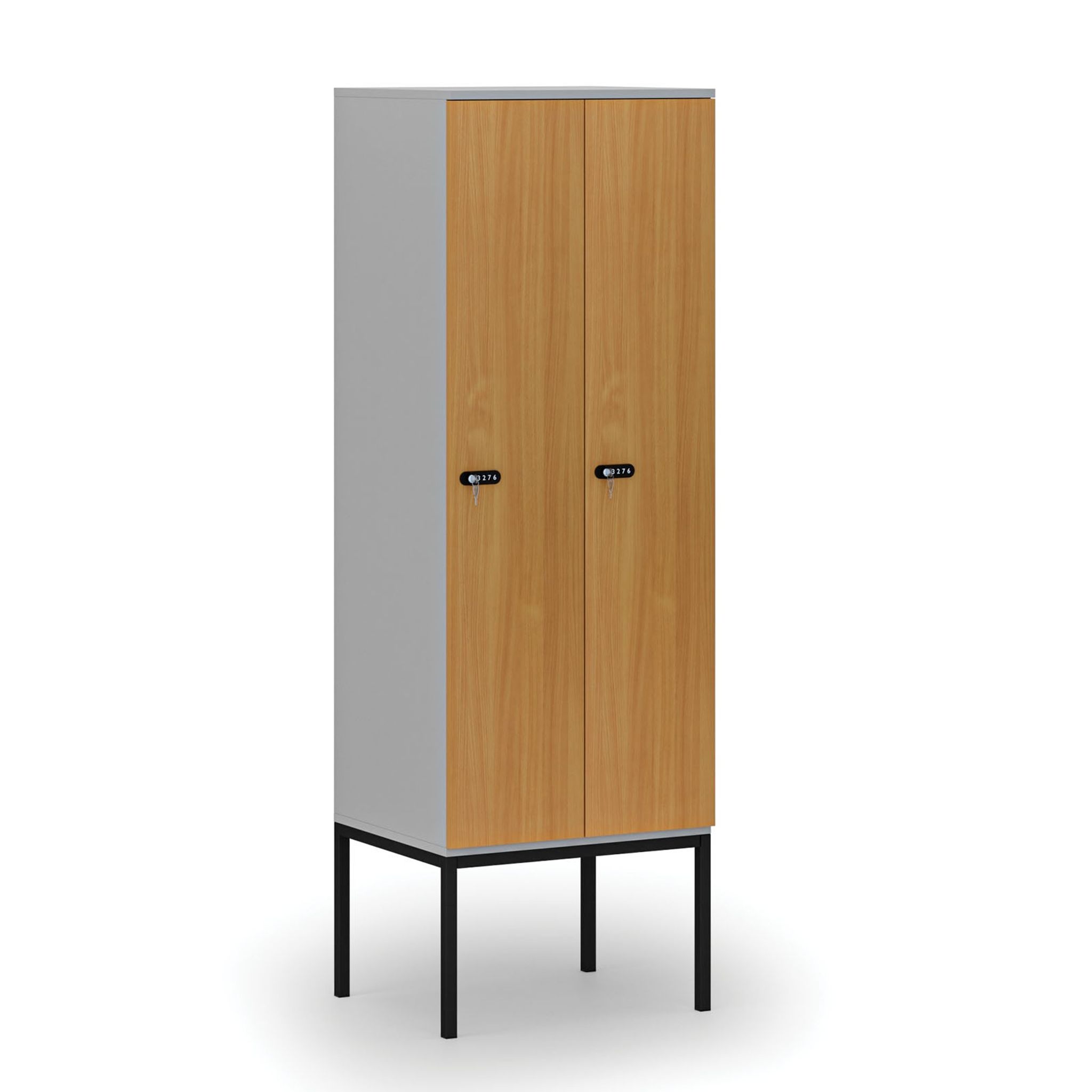 Holzspind S4 mit Beinen, 2 Abteile, 1871 x 600 x 500 mm, zerlegt, mechanisches Codeschloss, grau/Buche