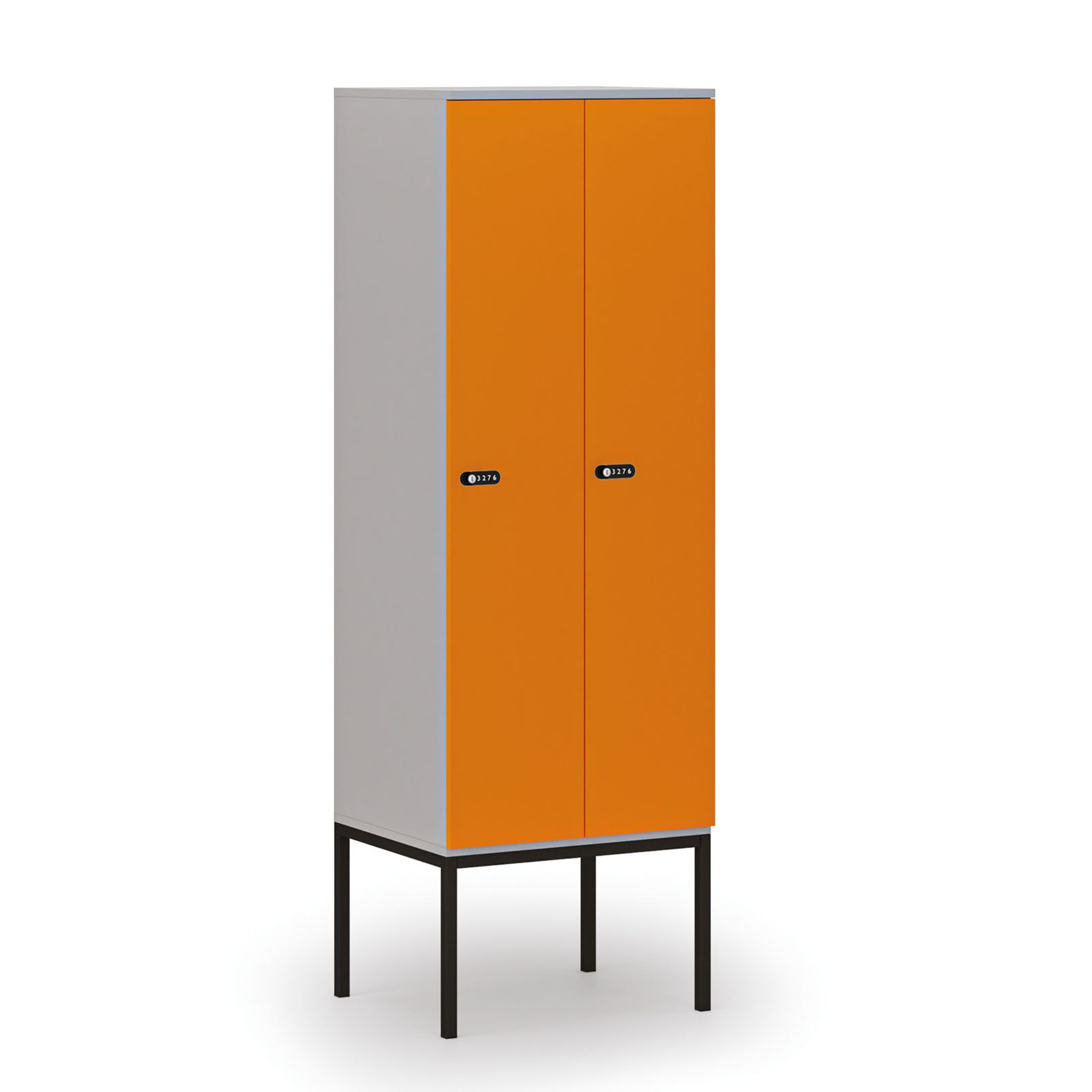 Holzspind S4 mit Beinen, 2 Abteile, 1871 x 600 x 500 mm, zerlegt, mechanisches Codeschloss, grau/orange Holzspind S4 mit Beinen, 2 Abteile, 1871 x 600 x 500 mm, zerlegt, mechanisches Codeschloss, grau/orange