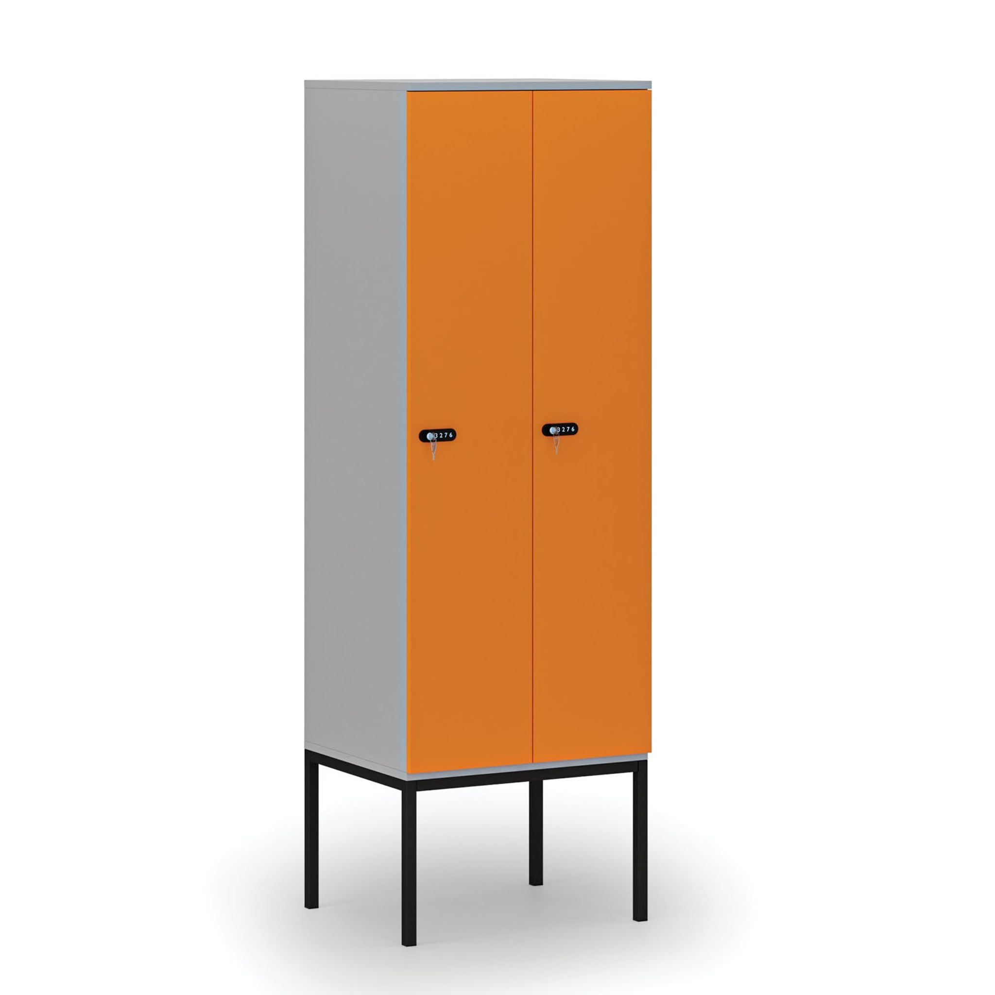 Holzspind S4 mit Beinen, 2 Abteile, 1871 x 600 x 500 mm, zerlegt, mechanisches Codeschloss, grau/orange