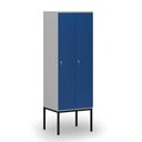 Holzspind S4 mit Beinen, 2 Abteile, 1871 x 600 x 500 mm, zerlegt, Zylinderschloss, grau/blau