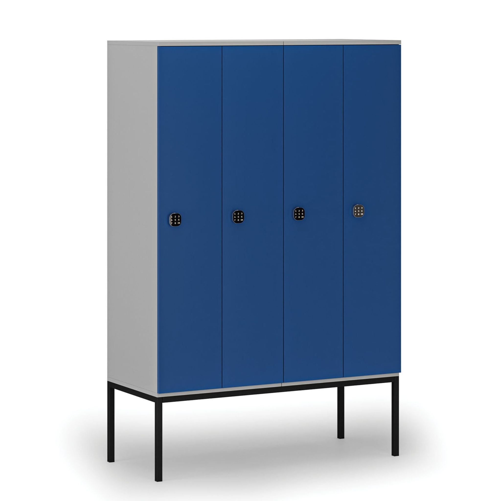 Holzspind S4 mit Beinen, 4 Abteile, 1871 x 1200 x 500 mm, zerlegt, Codeschloss, grau/blau