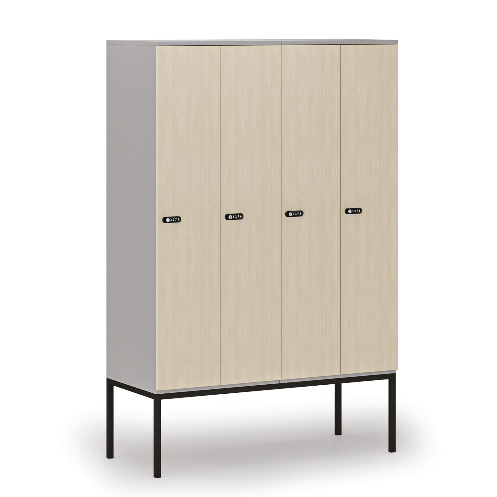 Holzspind S4 mit Beinen, 4 Abteile, 1871 x 1200 x 500 mm, zerlegt, mechanisches Codeschloss