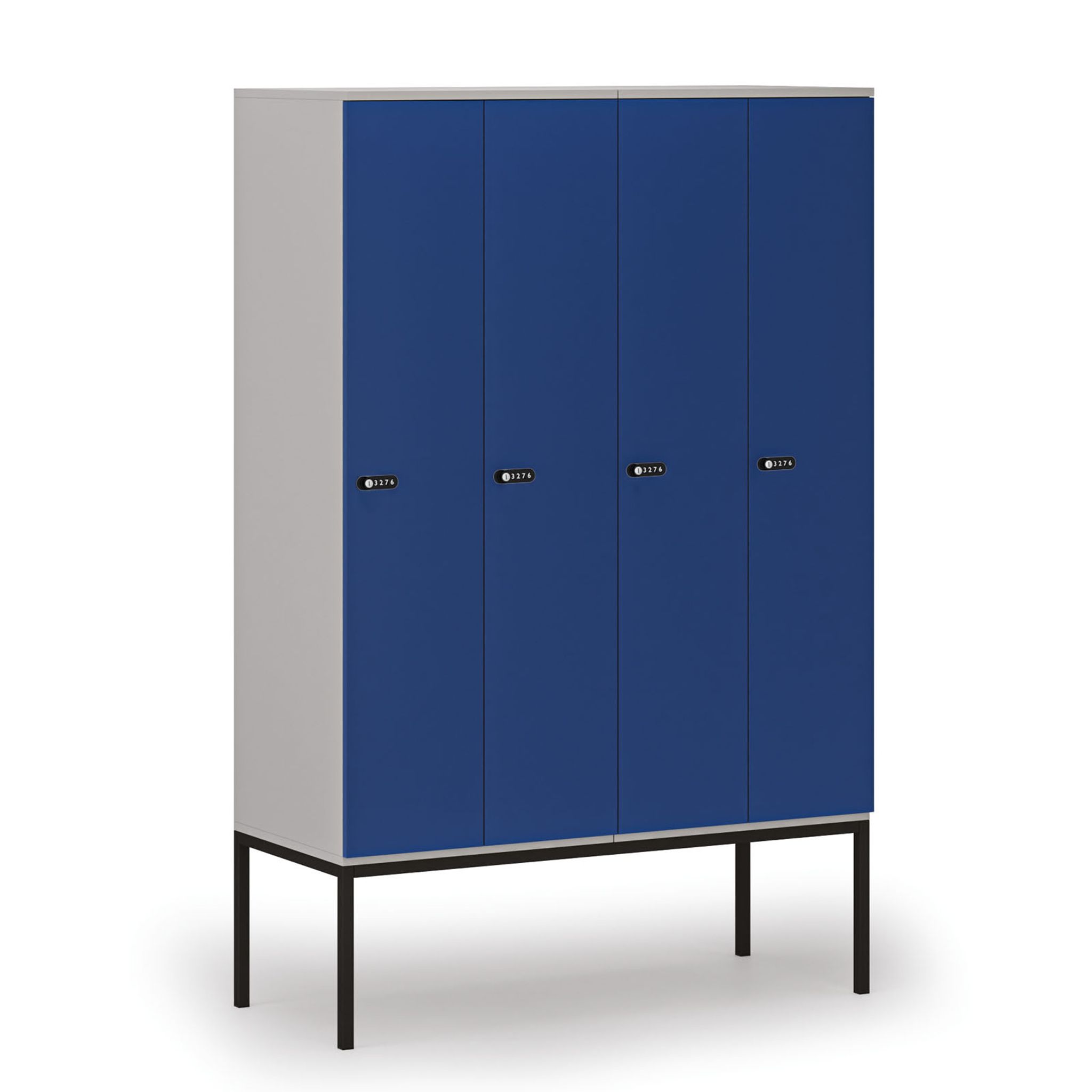 Holzspind S4 mit Beinen, 4 Abteile, 1871 x 1200 x 500 mm, zerlegt, mechanisches Codeschloss, grau/blau Holzspind S4 mit Beinen, 4 Abteile, 1871 x 1200 x 500 mm, zerlegt, mechanisches Codeschloss, grau/blau