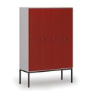 Holzspind S4 mit Beinen, 4 Abteile, 1871 x 1200 x 500 mm, zerlegt, mechanisches Codeschloss, grau/rot