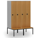 Holzspind S4 mit Sitzbank, 2 Abteile, 1871 x 600 x 500/800 mm, zerlegt, Codeschloss, grau/grün