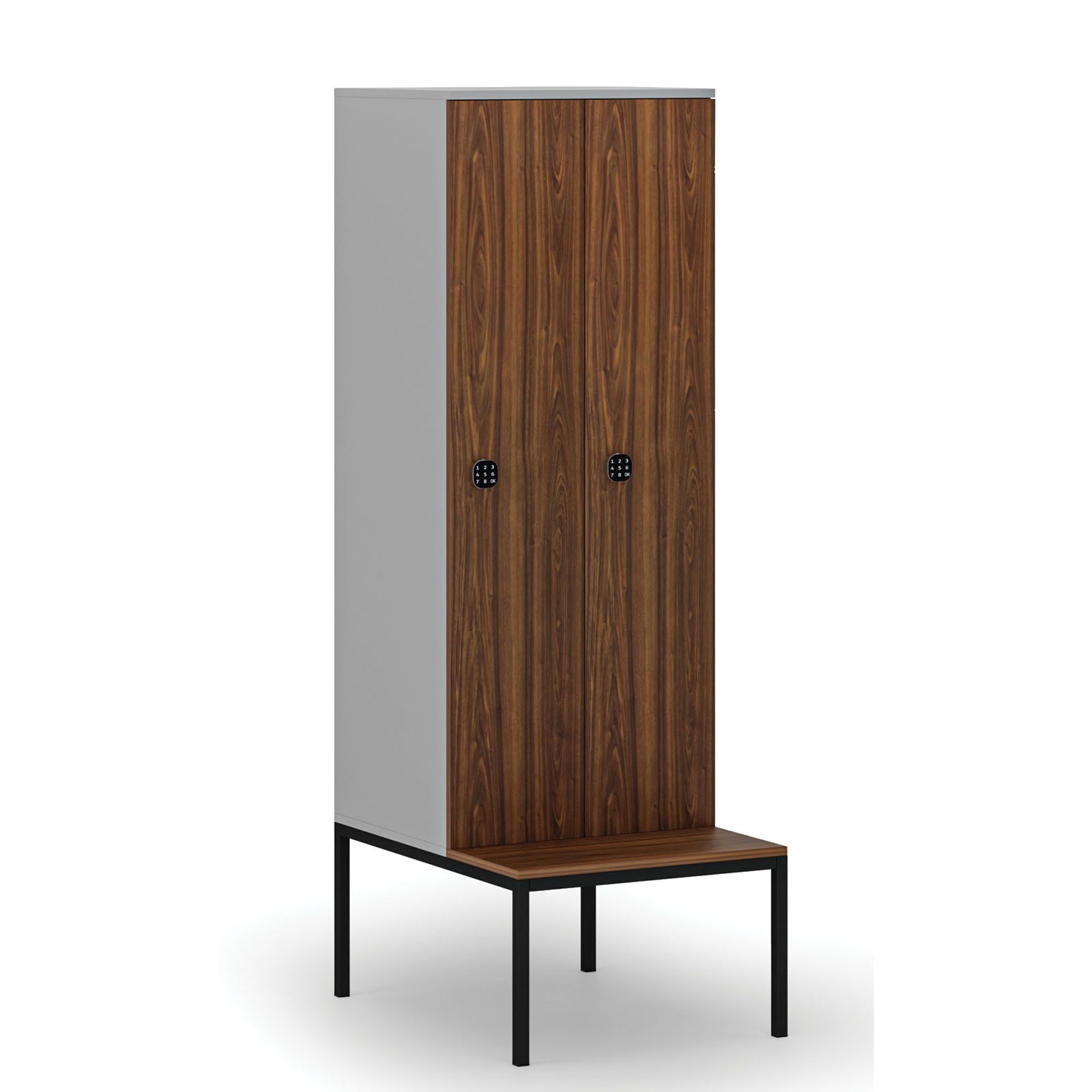 Holzspind S4 mit Sitzbank, 2 Abteile, 1871 x 600 x 500/800 mm, zerlegt, Codeschloss, grau/Nussbaum