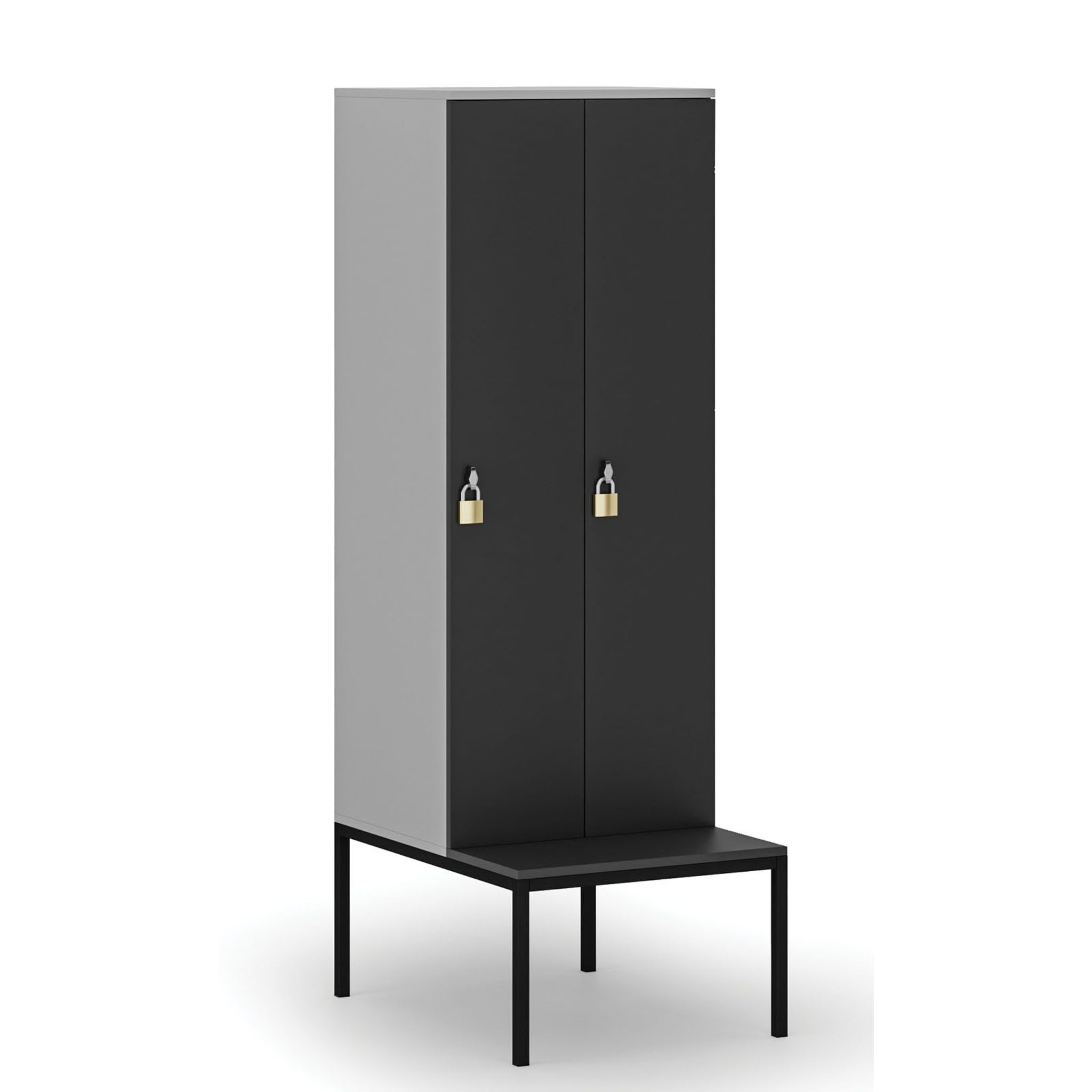 Holzspind S4 mit Sitzbank, 2 Abteile, 1871 x 600 x 500/800 mm, zerlegt, Drehriegelschloss, grau/Graphit