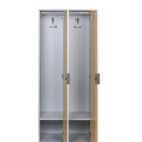 Holzspind S4 mit Sitzbank, 2 Abteile, 1871 x 600 x 500/800 mm, zerlegt, Drehriegelschloss, grau/Nussbaum