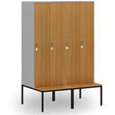 Holzspind S4 mit Sitzbank, 2 Abteile, 1871 x 600 x 500/800 mm, zerlegt, Drehriegelschloss, grau/Nussbaum