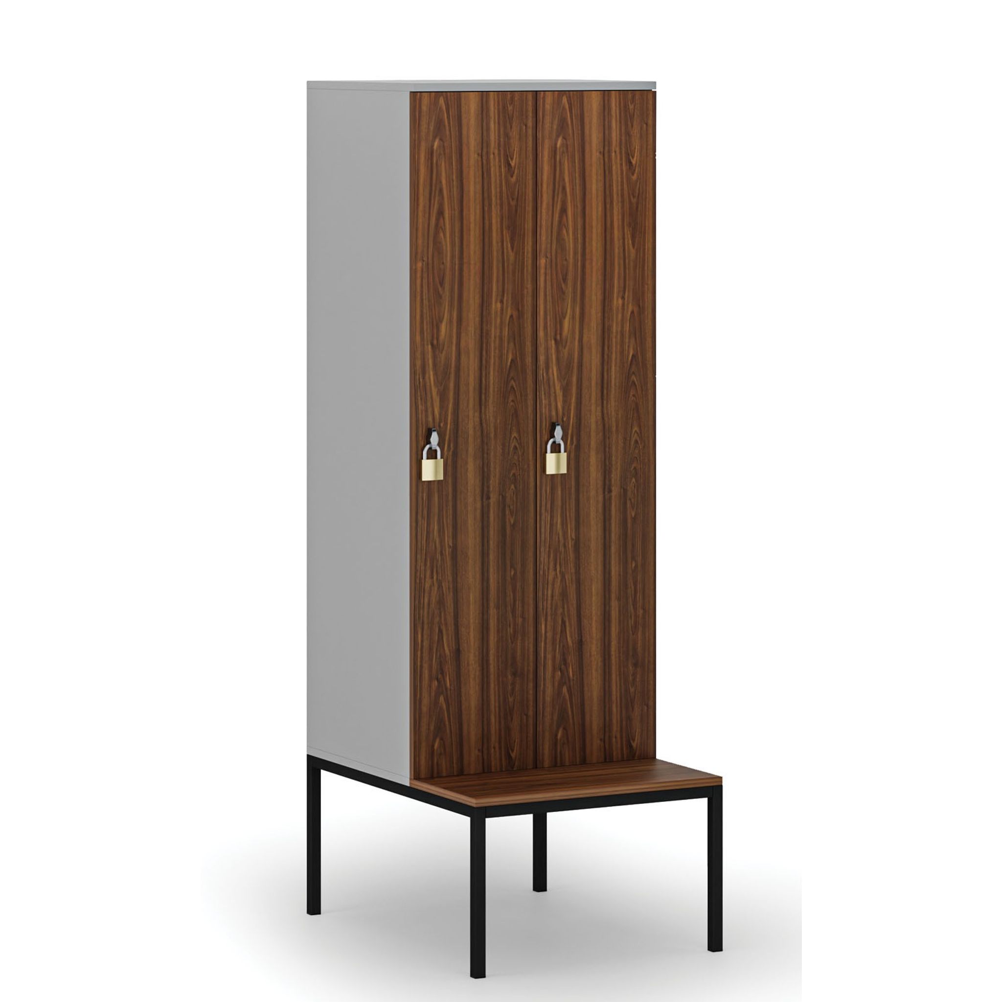 Holzspind S4 mit Sitzbank, 2 Abteile, 1871 x 600 x 500/800 mm, zerlegt, Drehriegelschloss, grau/Nussbaum