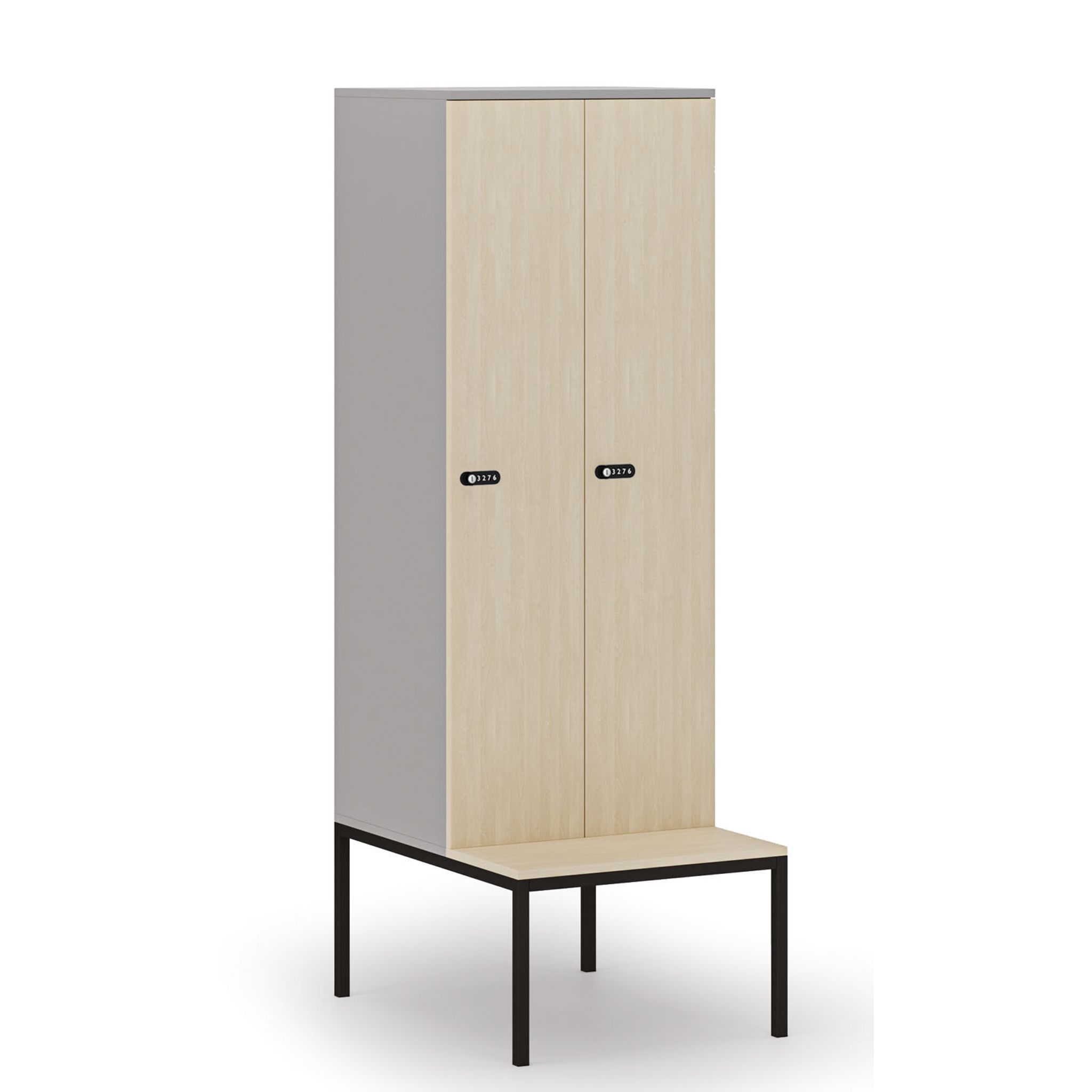 Holzspind S4 mit Sitzbank, 2 Abteile, 1871 x 600 x 500/800 mm, zerlegt, mechanisches Codeschloss Holzspind S4 mit Sitzbank, 2 Abteile, 1871 x 600 x 500/800 mm, zerlegt, mechanisches Codeschloss