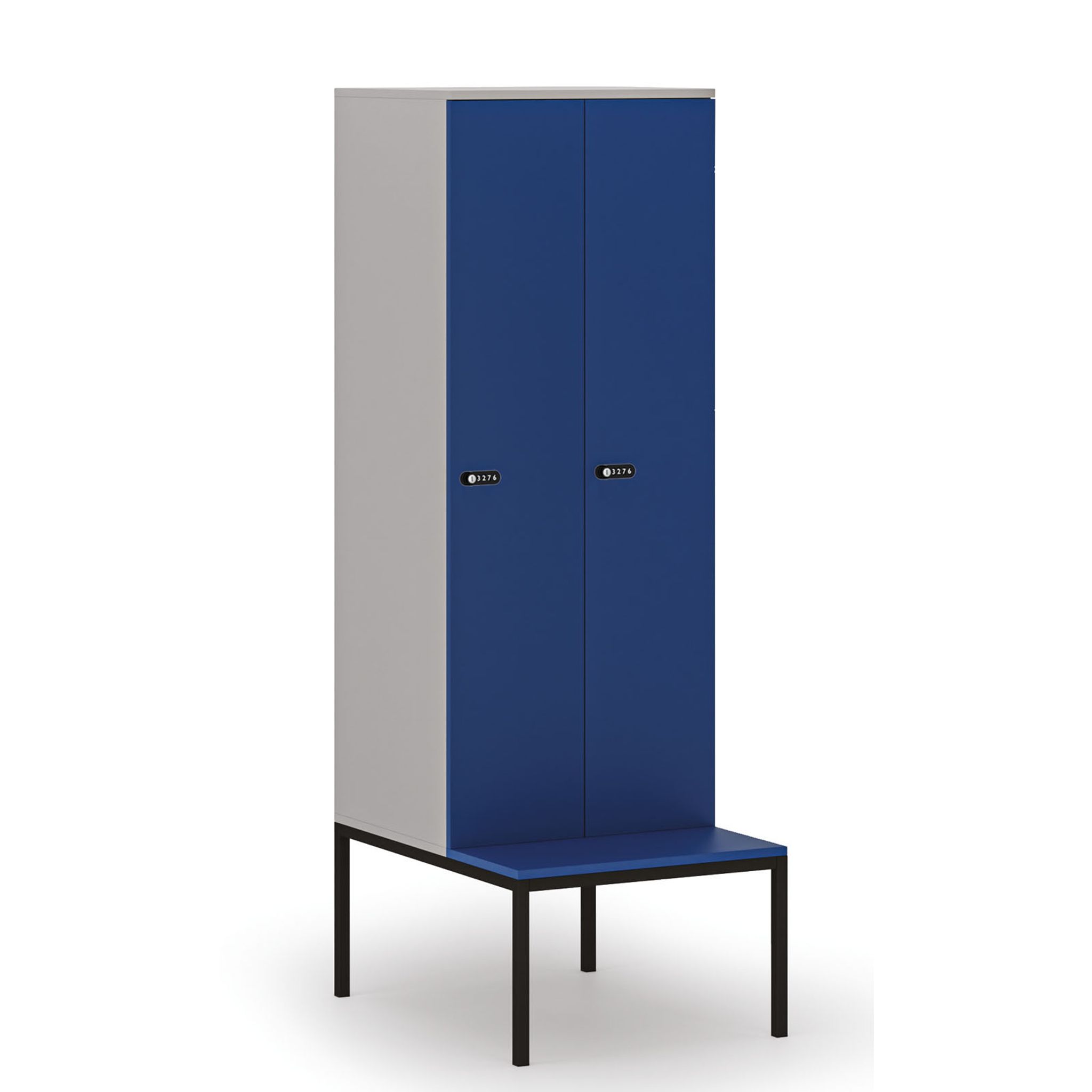 Holzspind S4 mit Sitzbank, 2 Abteile, 1871 x 600 x 500/800 mm, zerlegt, mechanisches Codeschloss, grau/blau Holzspind S4 mit Sitzbank, 2 Abteile, 1871 x 600 x 500/800 mm, zerlegt, mechanisches Codeschloss, grau/blau