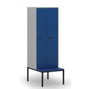 Holzspind S4 mit Sitzbank, 2 Abteile, 1871 x 600 x 500/800 mm, zerlegt, mechanisches Codeschloss, grau/blau