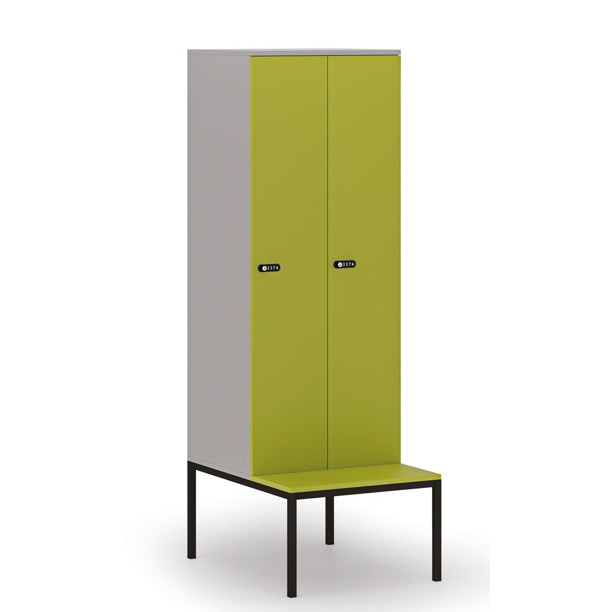 Holzspind S4 mit Sitzbank, 2 Abteile, 1871 x 600 x 500/800 mm, zerlegt, mechanisches Codeschloss, grau/grün Holzspind S4 mit Sitzbank, 2 Abteile, 1871 x 600 x 500/800 mm, zerlegt, mechanisches Codeschloss, grau/grün