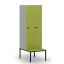 Holzspind S4 mit Sitzbank, 2 Abteile, 1871 x 600 x 500/800 mm, zerlegt, mechanisches Codeschloss, grau/grün