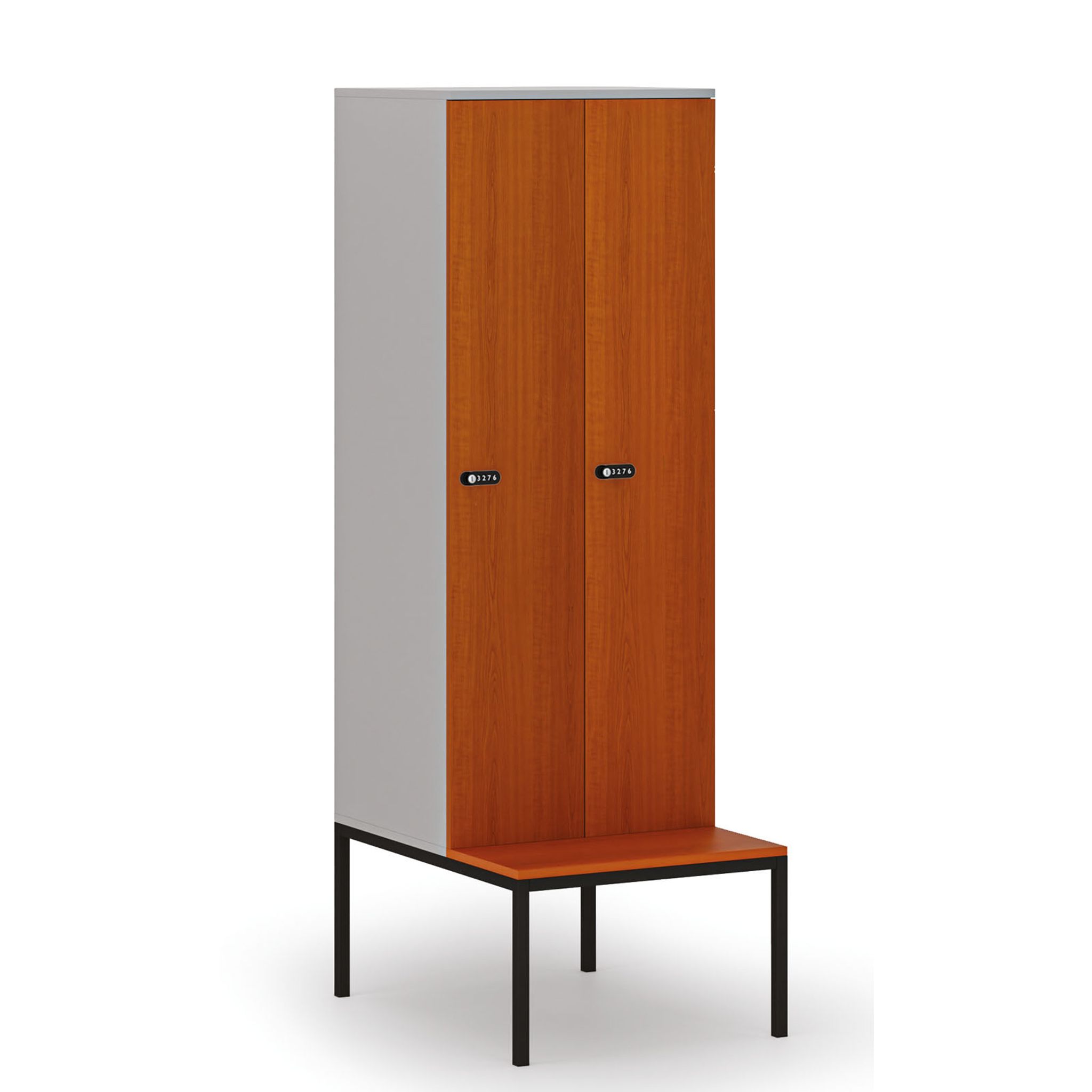 Holzspind S4 mit Sitzbank, 2 Abteile, 1871 x 600 x 500/800 mm, zerlegt, mechanisches Codeschloss, grau/Kirschbaum Holzspind S4 mit Sitzbank, 2 Abteile, 1871 x 600 x 500/800 mm, zerlegt, mechanisches Codeschloss, grau/Kirschbaum