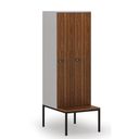Holzspind S4 mit Sitzbank, 2 Abteile, 1871 x 600 x 500/800 mm, zerlegt, mechanisches Codeschloss, grau/Nussbaum Holzspind S4 mit Sitzbank, 2 Abteile, 1871 x 600 x 500/800 mm, zerlegt, mechanisches Codeschloss, grau/Nussbaum