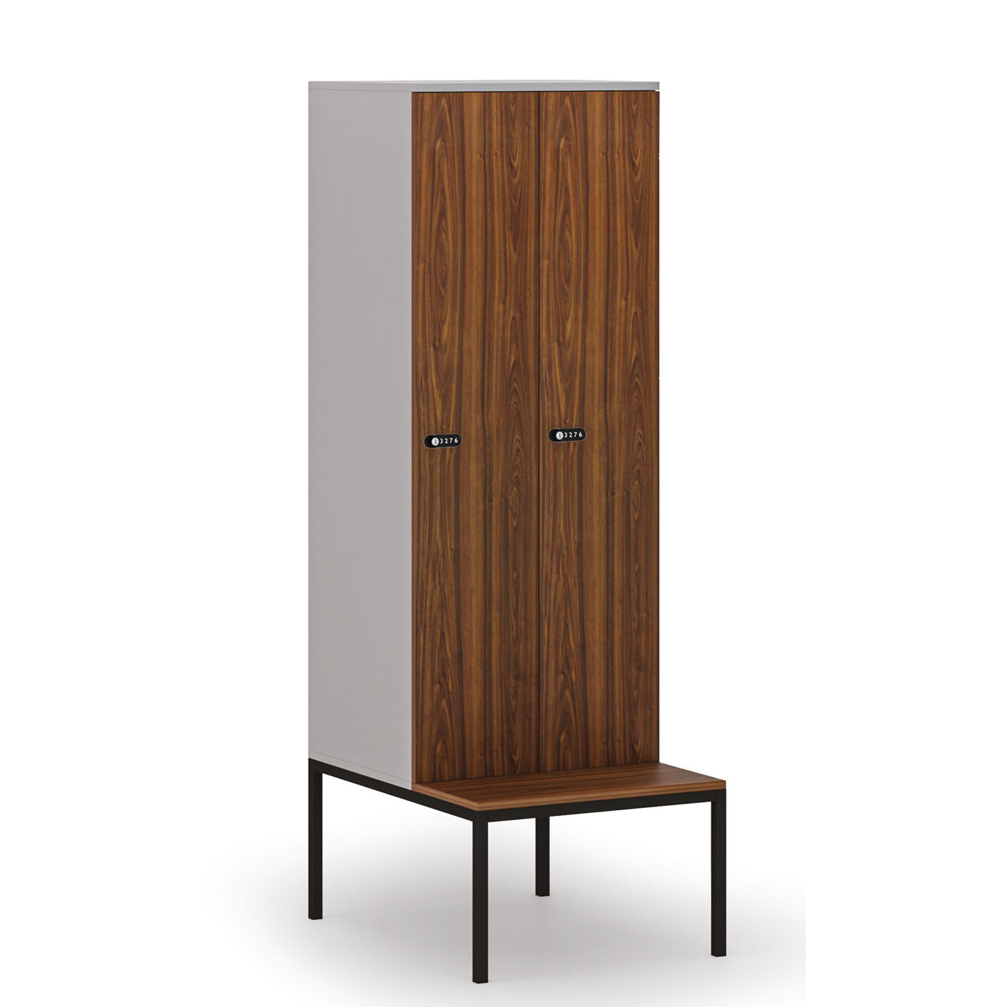Holzspind S4 mit Sitzbank, 2 Abteile, 1871 x 600 x 500/800 mm, zerlegt, mechanisches Codeschloss, grau/Nussbaum Holzspind S4 mit Sitzbank, 2 Abteile, 1871 x 600 x 500/800 mm, zerlegt, mechanisches Codeschloss, grau/Nussbaum