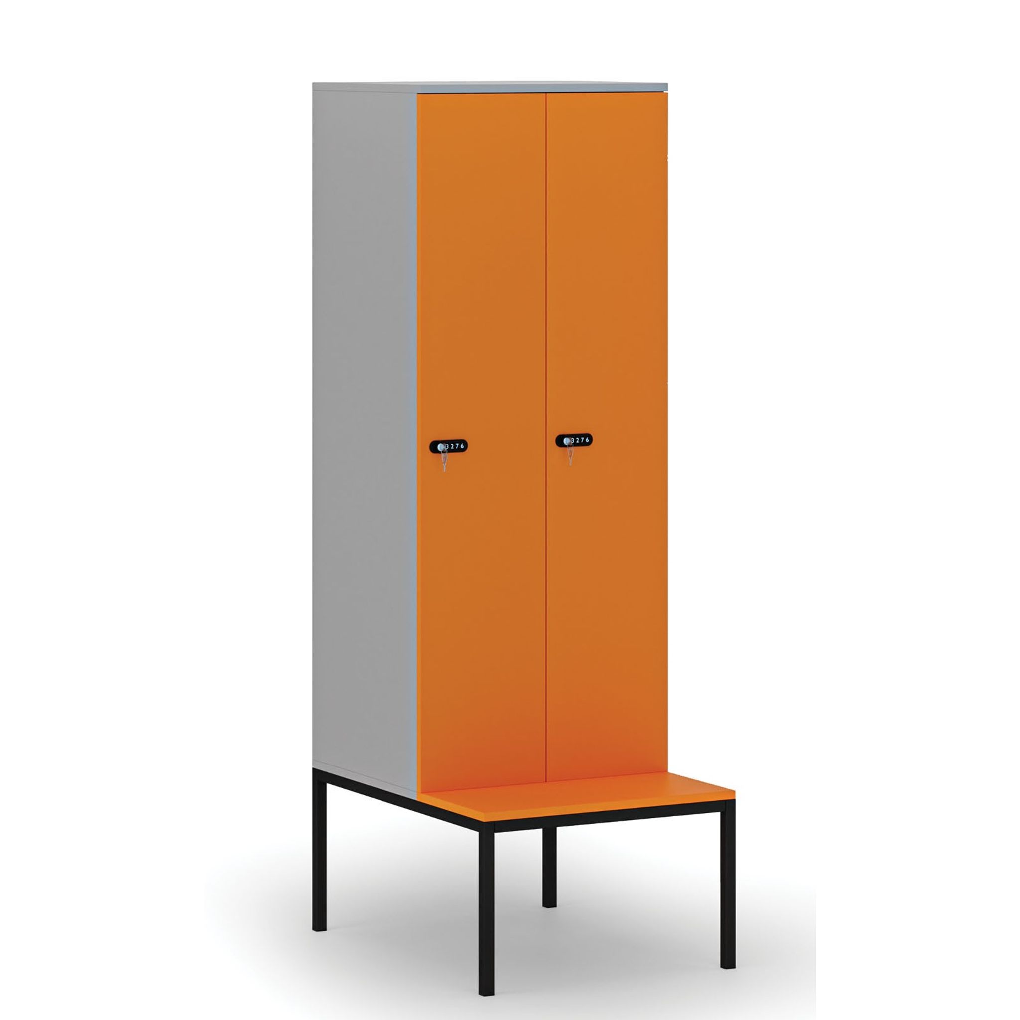 Holzspind S4 mit Sitzbank, 2 Abteile, 1871 x 600 x 500/800 mm, zerlegt, mechanisches Codeschloss, grau/orange