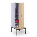 Holzspind S4 mit Sitzbank, 2 Abteile, 1871 x 600 x 500/800 mm, zerlegt, mechanisches Codeschloss, grau/rot